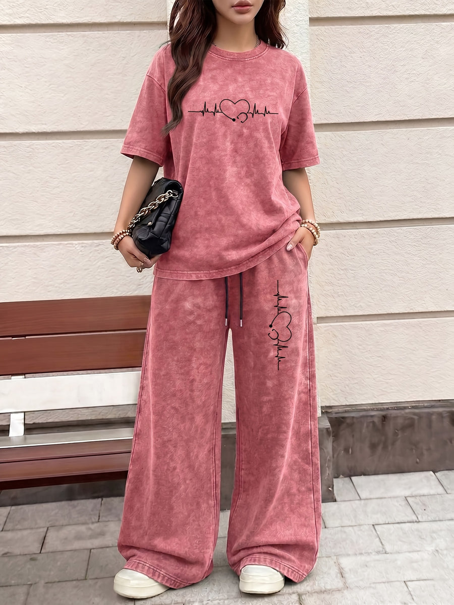 Easy Style Heartbeat Line Heart EKG Pattern Print, Women'S 2Pcss Set, Women'S Retro Washed Fabric Loose Casual Round Neck Short Sleeve T-Shirt And Elastic Waist Drawstring Retro Washed Casual Athletic Long Pants Women'S 2Pcss Set - Red+Red