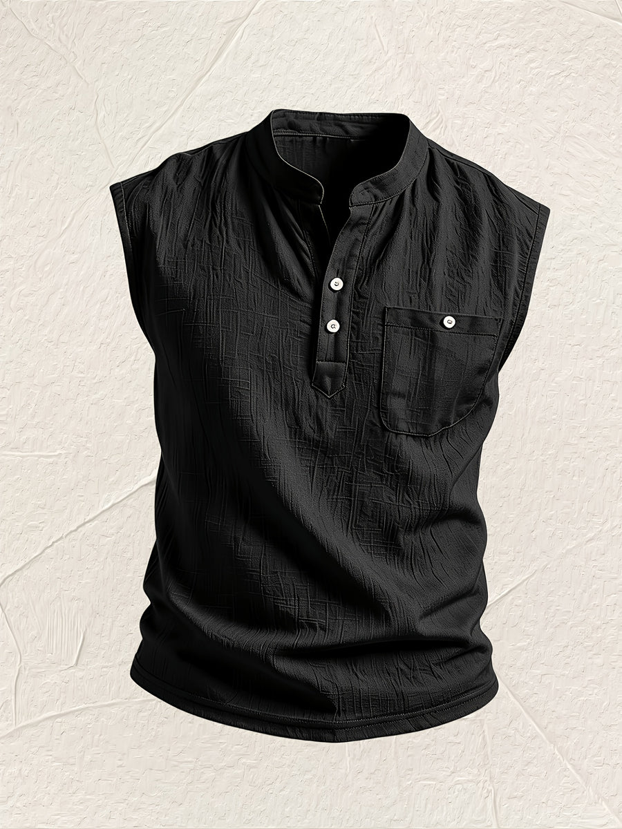Men's Fashionable Casual Lightweight Breathable Sleeveless Henley Shirt - Summer Casual and Business Casual Vest - with Button- Collar - Suitable for Outdoor Activities, Beach, and Seaside - Regular Fit Men's Apparel Gift - Black