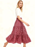 A Women's Red Floral Print Midi Skirt with High Waist and Ruffled Flared Hem, French-style Vintage Resort-style Midi Skirt, Vintage Red Floral Cake Skirt, Ruffled A-line Skirt with Patchwork, a Midi Skirt for Commuting and Casual Wear, a Red Floral - Red