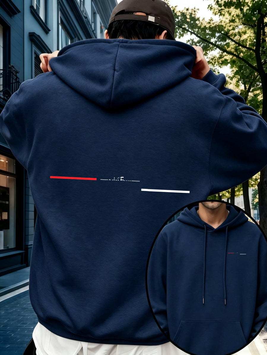 Men'S Hoodie, Casual Daily Wear, Minimalist Line Graphic Print, Pullover Sweatshirt, Streetwear Style, Autumn Winter Outdoor, Red And White Stripe Detail - Navy Color