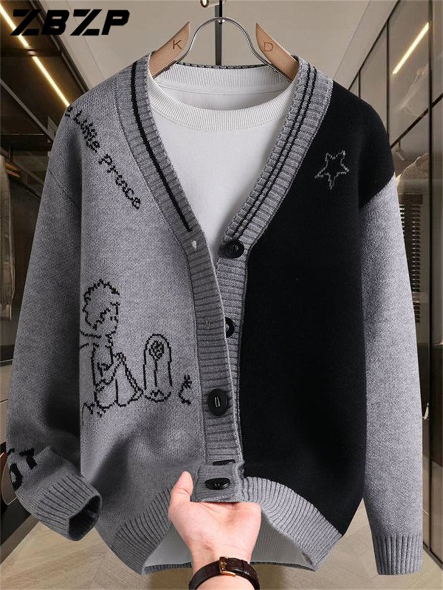 ZBZP Autumn/Winter Knitted 3D V-Neck Solid Color Sweater, Basic Knit Cardigan, Men's Fashion Knitwear Long-Sleeve Outerwear 10719 - Grey