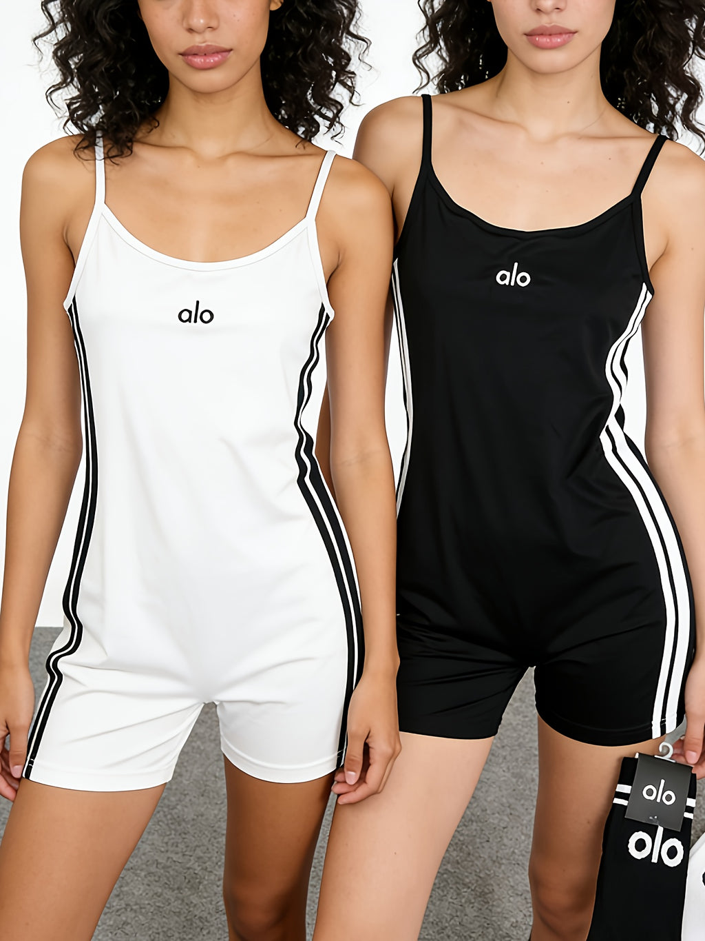 Women's Embroidered Spaghetti Strap Slim-Fit Jumpsuit Two-Piece Set - Black White