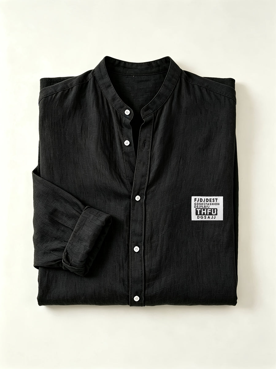 Men's Linen Long-sleeve Shirt, Small Stand-up Collar Button- Casual Shirt, Solid Color Simple and Versatile Style, Suitable for Spring and Autumn Outdoor Activities, Travel and Vacation, and Daily Commuting Wear - Black