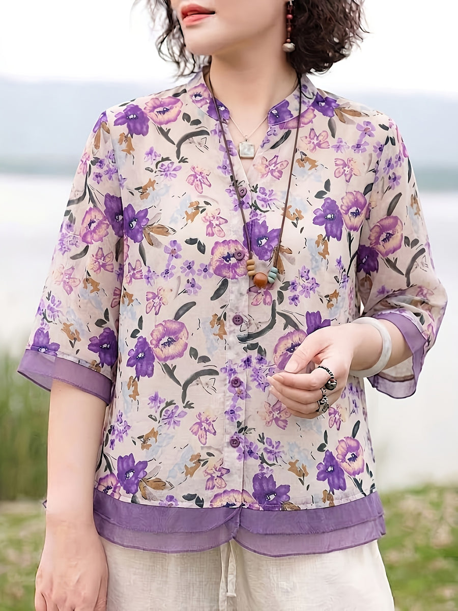 Women'S Printed Stand-Up Collar Mid-Sleeve Shirt, Spring And Summer Casual Versatile Cardigan Top - Purple