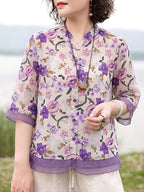 Women'S Printed Stand-Up Collar Mid-Sleeve Shirt, Spring And Summer Casual Versatile Cardigan Top - Purple