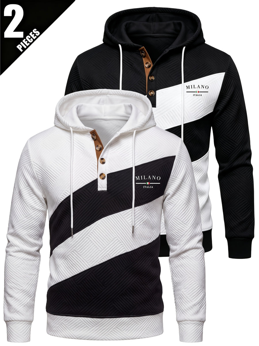 2pcs Men'S Patchwork Fashion Hoodie Set, Textured Color-Block Zipper Print Long Sleeve Hoodie, Regular Fit Street Casual Daily Outing - White+black