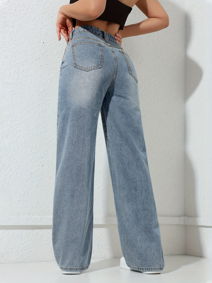 ' Light Blue Straight-Leg Pants - Elastic Waist & Washed Detailing, Solid Light Blue Trousers Suitable for - Wear, Machine Washable Elegant Casual & Dressy Outfits - Light Blue