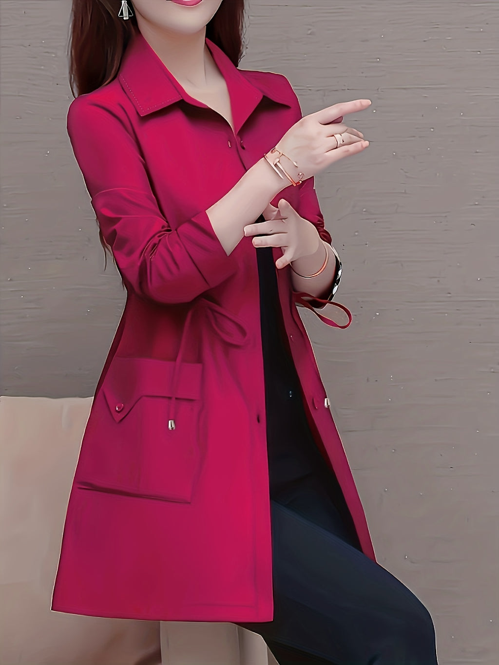 Spring And Autumn Fashion Long Slim Long-Sleeved Shirt Coat - Rose Red