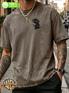 1pc, Men'S 100% Washed "Vintage Art Sketch Cartoon Print T-Shirt, Vintage Washed Distressed Fabric" Casual All-Match Loose Summer Round Neck Short Sleeve, Double-Sided Print - Suitable for Outdoor Activities, Gym, Daily Wear - Coffee Brown