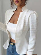 Women'S Autumn Winter Plaid Textured Stand Collar Long Sleeve Open Cardigan Jacket - White