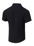2pcs Men'S Striped Henley Shirt Set, PARIS Chest Print Short Sleeve Shirt, Lightweight Breathable Regular Fit, Suitable for Casual Wear, Travel, And Layering - Black+black