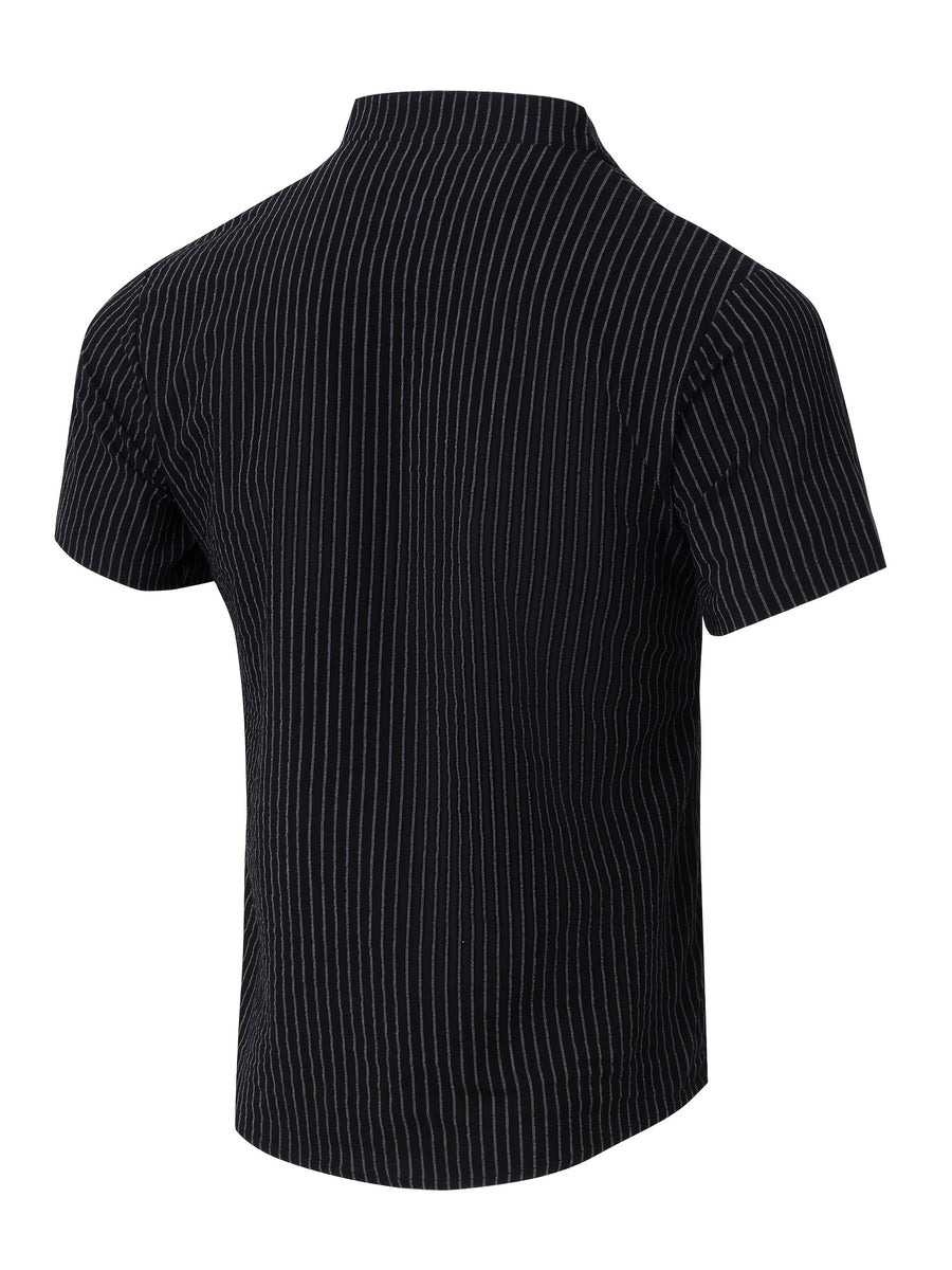 2pcs Men'S Striped Henley Shirt Set, PARIS Chest Print Short Sleeve Shirt, Lightweight Breathable Regular Fit, Suitable for Casual Wear, Travel, And Layering - Black+black