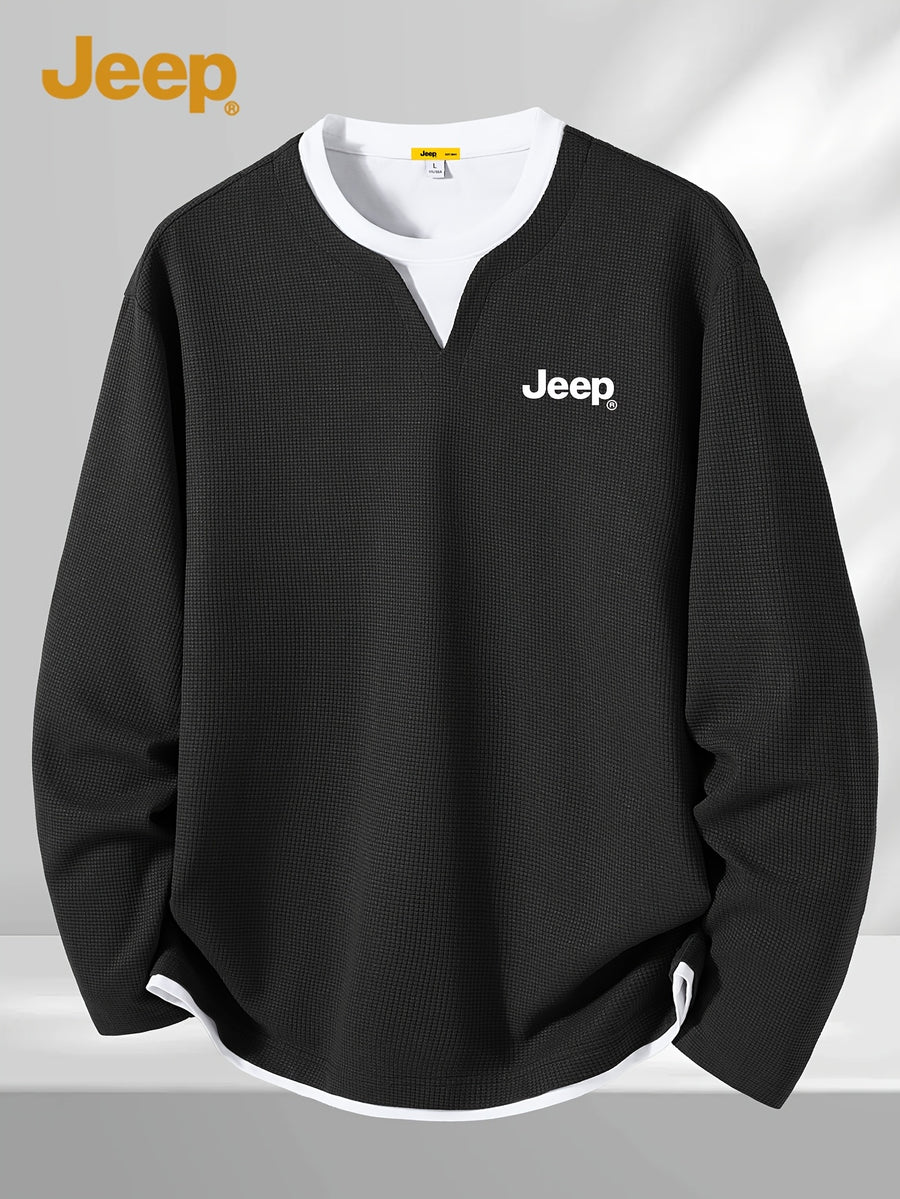JEEP Men's Spring/Autumn Waffle Knit Colorblock 2-in-1 Look Long T-shirt - Black