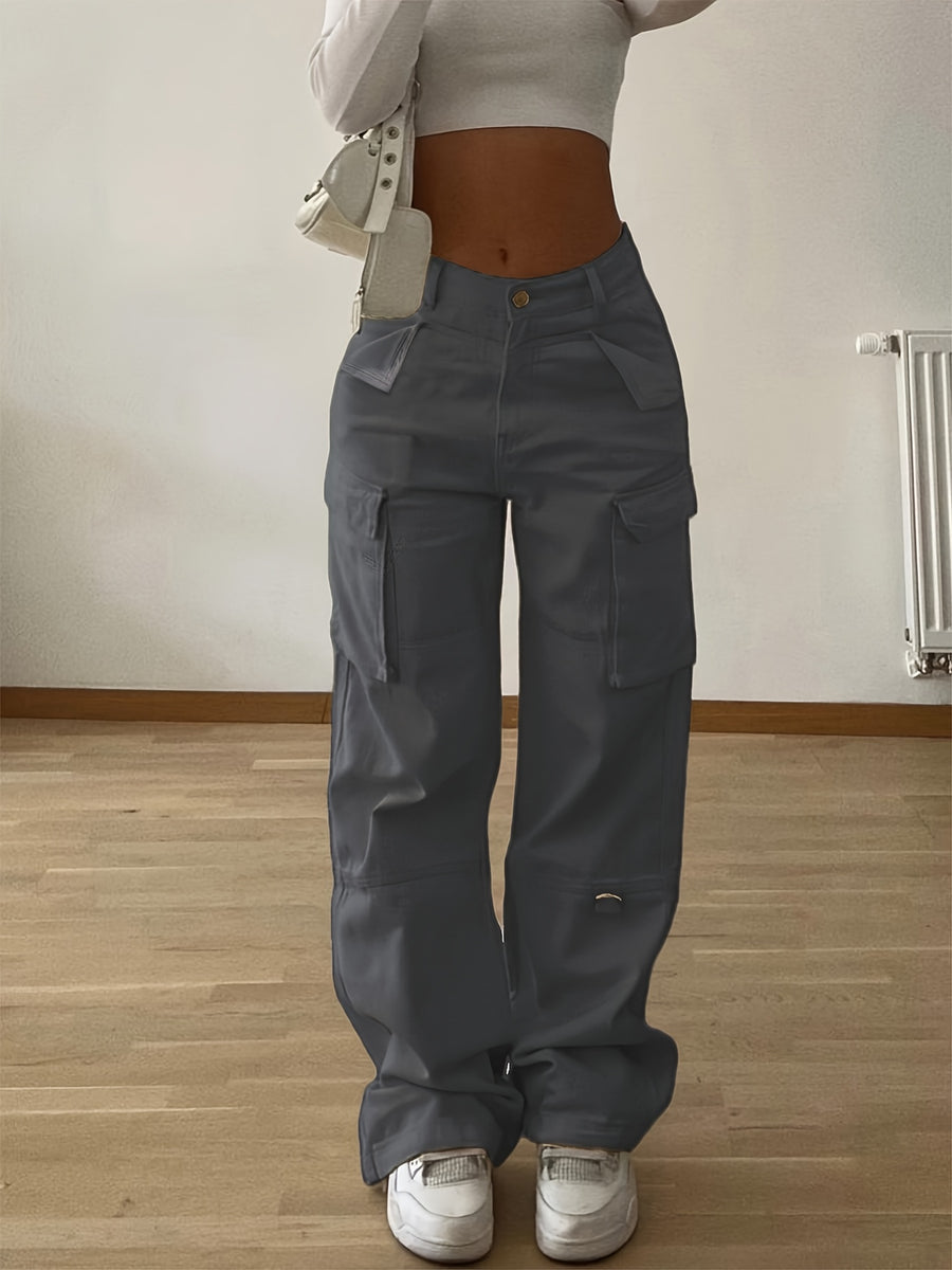 Designer Cargo Pants with Flap Pockets, Women's Elegant Casual Solid-color Trousers, Women's Pants - Grey