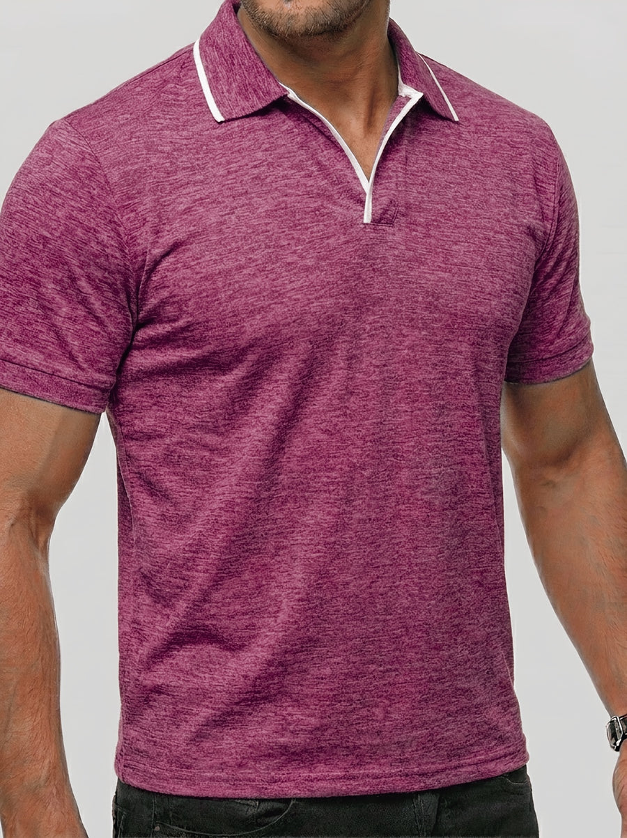 Summer Men'S Short Sleeve T-Shirt, Men'S Business Shirt, Round Neck Lapel Contrast Men'S T-Shirt, Casual Party, Suitable for Various Styles, Travel, Golf, Daily, Suburban Tourism, Family Travel, Parent-Teacher Meeting, Casual Short Sleeve Top, Knit - Rose Red