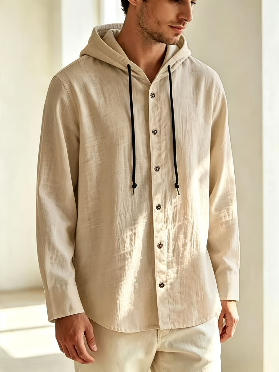 Men'S Solid Color Hooded Long Sleeve Shirt, Summer Breathable Casual Linen Top, Lightweight Loose Trendy Jacket - Khaki