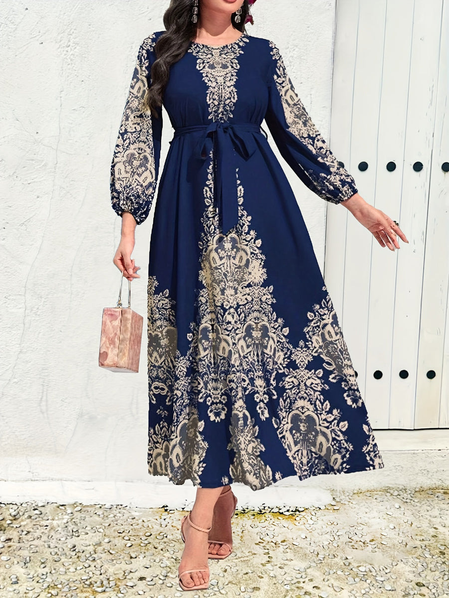 Vintage Graphic Print Belted Dress, Elegant Crew Neck Lantern Sleeve Dress For Spring & Fall, Women's Clothing - Navy Color