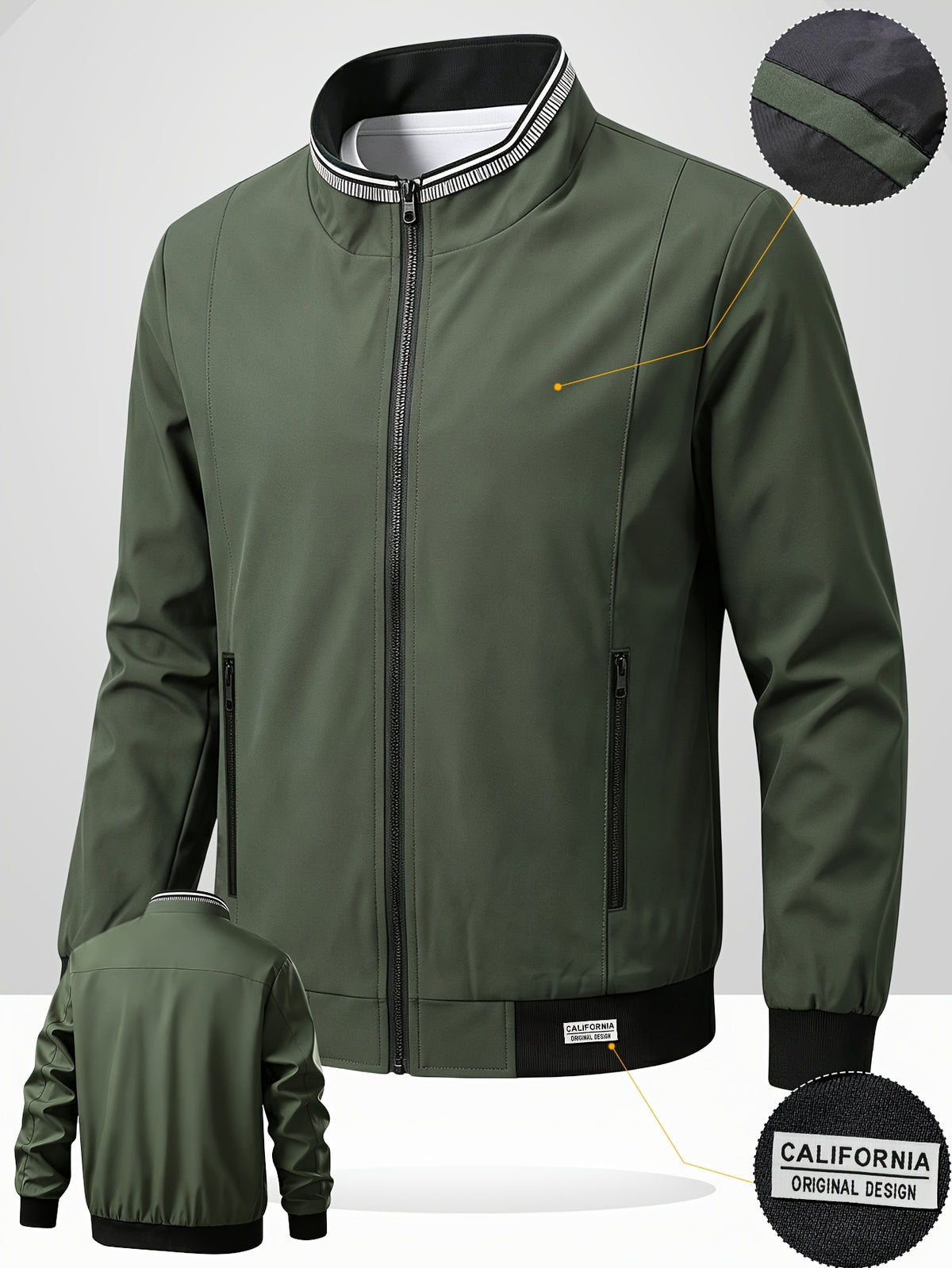 Spring/Autumn Men's Solid Color Stand Collar Jacket, Simple and Versatile Baseball Jacket for Middle-Aged and Young Men, Daily Commuting and Casual Outerwear - Military Green