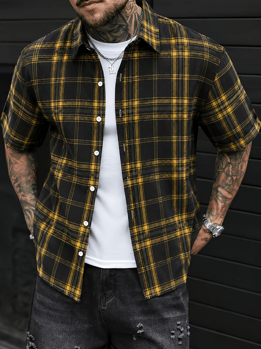 Men'S Casual Preppy Style Plaid Print Basic Color Short Sleeve Collared Shirt, Spring Summer Loose Fit Short Sleeve Checkered Pattern, Button-Front Closure, Classic Collar, Suitable for Casual And Semi-Formal Wear - Navy Color