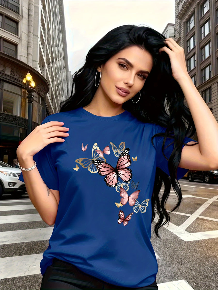 Watercolor Style Butterfly Pattern Print, Fashion Breathable T-Shirt, Family Travel, Campus, Casual, Daily Commute, Sisters' Matching Outfit, Versatile T-Shirt - Blue