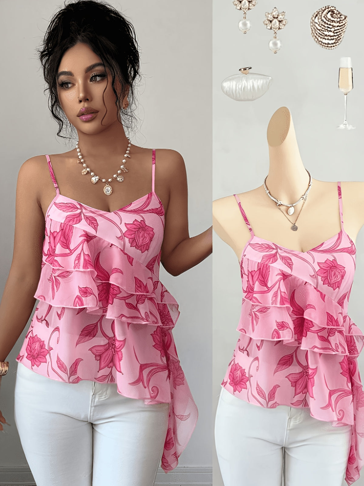 2026 Summer New Pink Floral Ruffled Camisole Women'S Summer Irregular Hem Body-Shaping Thin Chiffon Top Hot Top - Pink