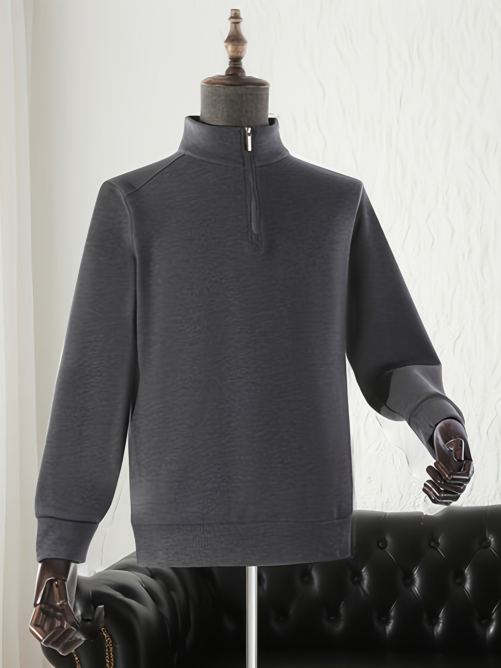 Men'S Half-Zip Stand Collar Knit Sweater, Semi-Open Zipper Placket Ribbed Hem, Business Casual Spring Autumn Regular Fit for Commute And Daily Wear - Navy Color