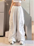 Men' & Women' Oversized Wide-Leg Workwear Pants - Loose Fit Floor-Length Hip-Hop Streetwear with Multi-Pocket Design, Drawstring Waist - Casual Outdoor, for - Wear - White