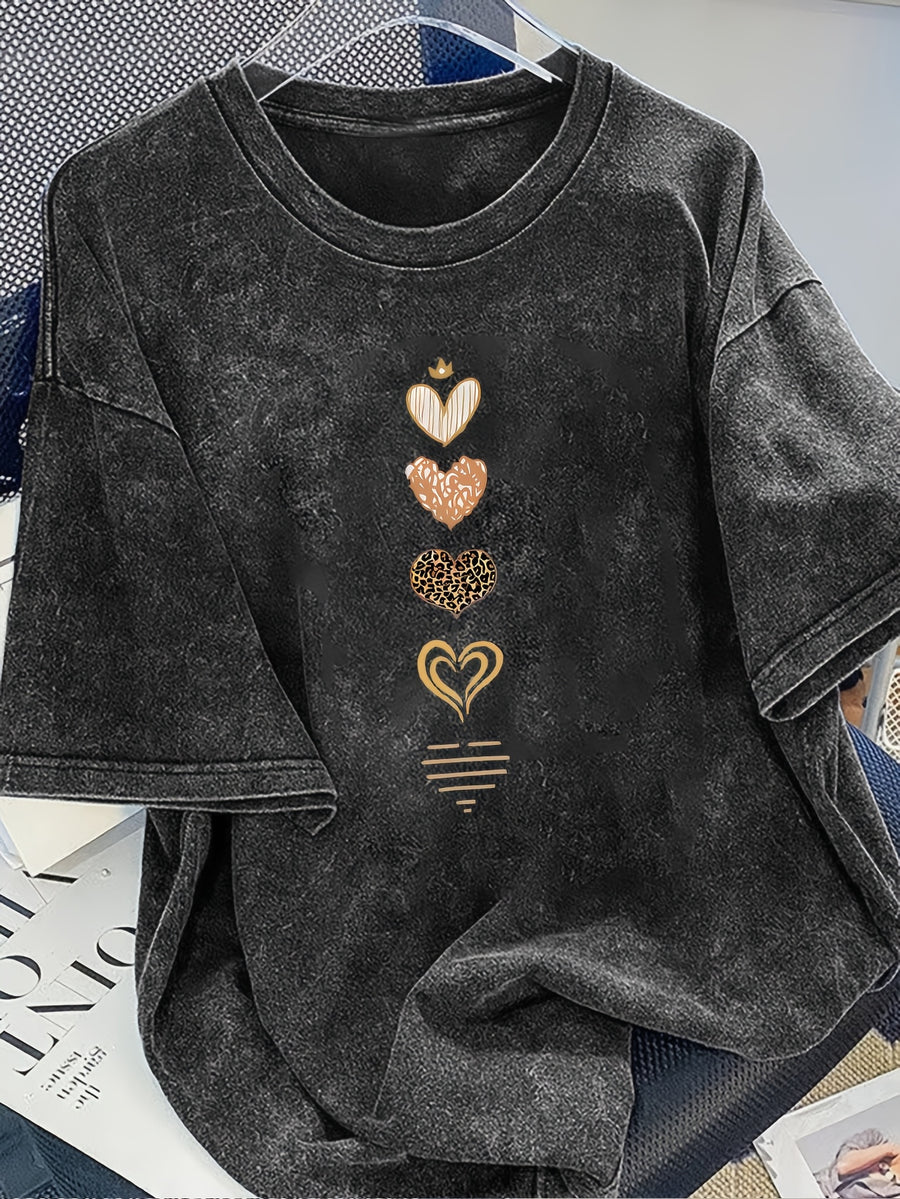 Plus Size - Plus Size - Casual Everyday Washed T-Shirt with a Retro Crew Neck And Short Sleeves, Designed for Plus Sizes And Featuring a Love Print - Black