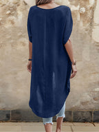 V-Neck Asymmetrical Long Top, Batwing Short Sleeve Loose Curved Hem Front Short Back Long Shirt, Textured Pleated Fabric, Casual Commute Leisure, Beach Vacation Blouse - Navy Color