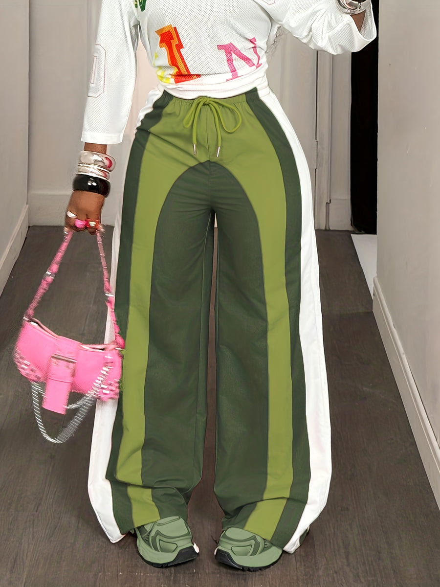 Wide- Loose-Fit Pants with Elastic Drawstring Waist & Full-Length - Wide- Trousers Suitable for Outdoor, Casual Wear - - Color Trousers (No Stretch Fabric) - Olive