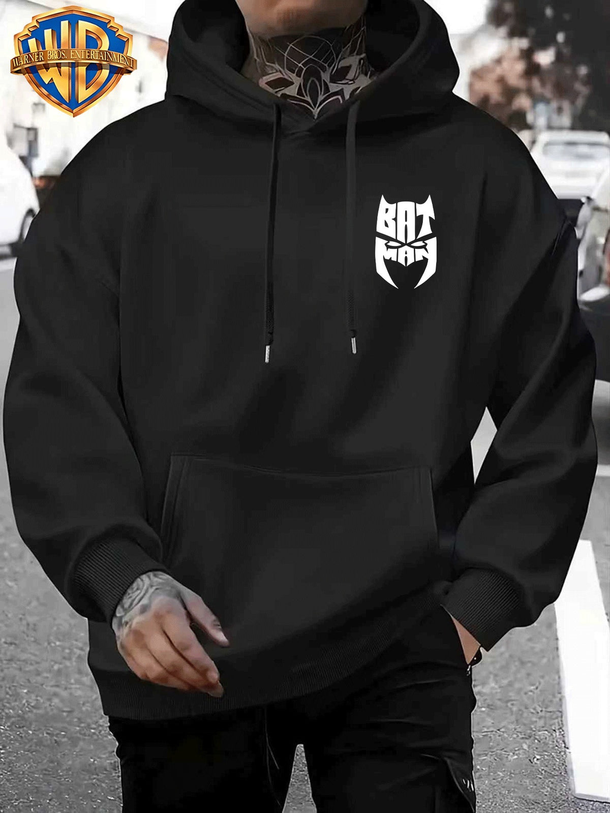 Casual Sporty Loose Hooded Sweatshirt, Retro Batman Comic Patchwork Cartoon Print, Men'S Casual All-Match Adjustable Drawstring Hoodie Comfortable Casual Autumn Winter Wear, for Sports, Outdoors, Picnics, Travel, Daily Home Wear - Black