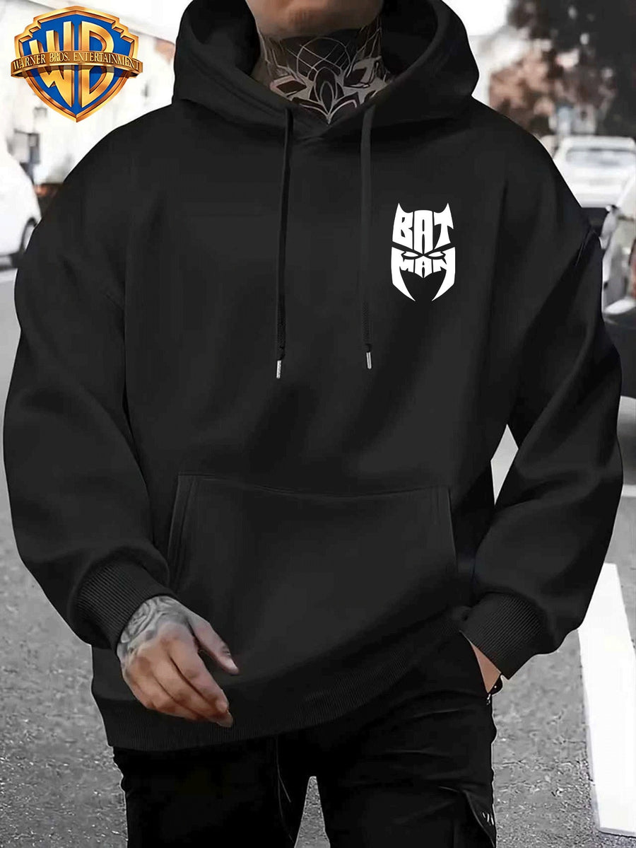 Casual Sporty Loose Hooded Sweatshirt, Retro Batman Comic Patchwork Cartoon Print, Men'S Casual All-Match Adjustable Drawstring Hoodie Comfortable Casual Autumn Winter Wear, for Sports, Outdoors, Picnics, Travel, Daily Home Wear - Black