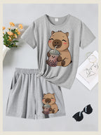 2pcs Women's Spring Summer Short Sleeve & Shorts Matching Outfit - Capybara Print Pajamas Gym Wear Sleepwear, Soft Breathable Pajamas, Valentine's Day Gift, Machine Washable 2pcs Set - Gray + Gray