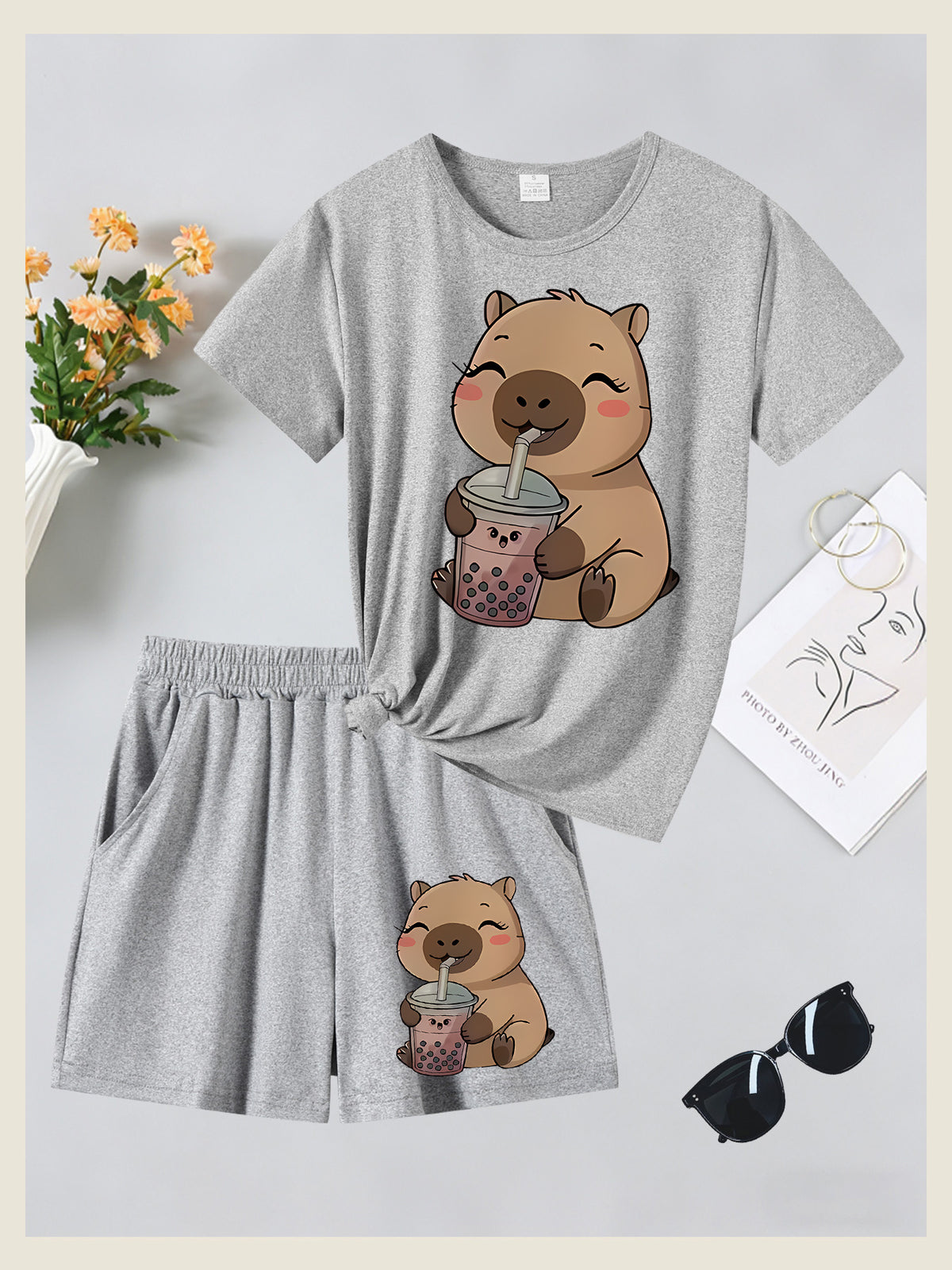 2pcs Women's Spring Summer Short Sleeve & Shorts Matching Outfit - Capybara Print Pajamas Gym Wear Sleepwear, Soft Breathable Pajamas, Valentine's Day Gift, Machine Washable 2pcs Set - Gray + Gray