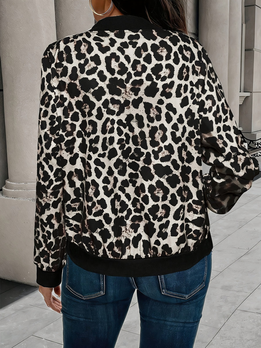 Women'S Leopard Print Baseball Jacket, Metal Zipper, Baseball Collar, Long Sleeve, Regular Fit, Lightweight, Fashionable Casual Multi-Purpose Jacket, Suitable for Work, Travel, Daily Wear, Spring/Summer Women'S Cardigan - Mixed Color 3