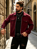 Men's Lapel Workwear Blend Jacket with Metal Zipper Pocket Accents, Casual Vintage Cropped Top - Burgundy