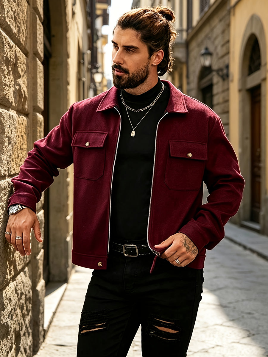 Men's Lapel Workwear Blend Jacket with Metal Zipper Pocket Accents, Casual Vintage Cropped Top - Burgundy
