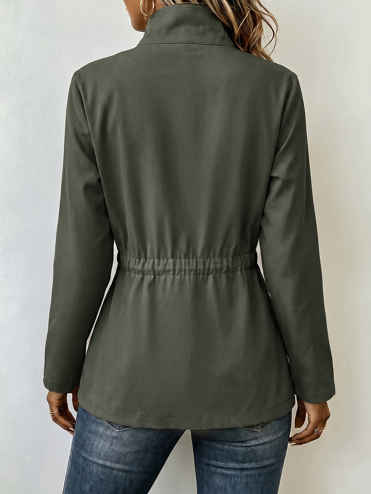 New Spring/Autumn Women's Casual Jacket with Workwear-Style Multiple Pockets, Waist-Cinching Fit, Versatile Outerwear - Olive Green