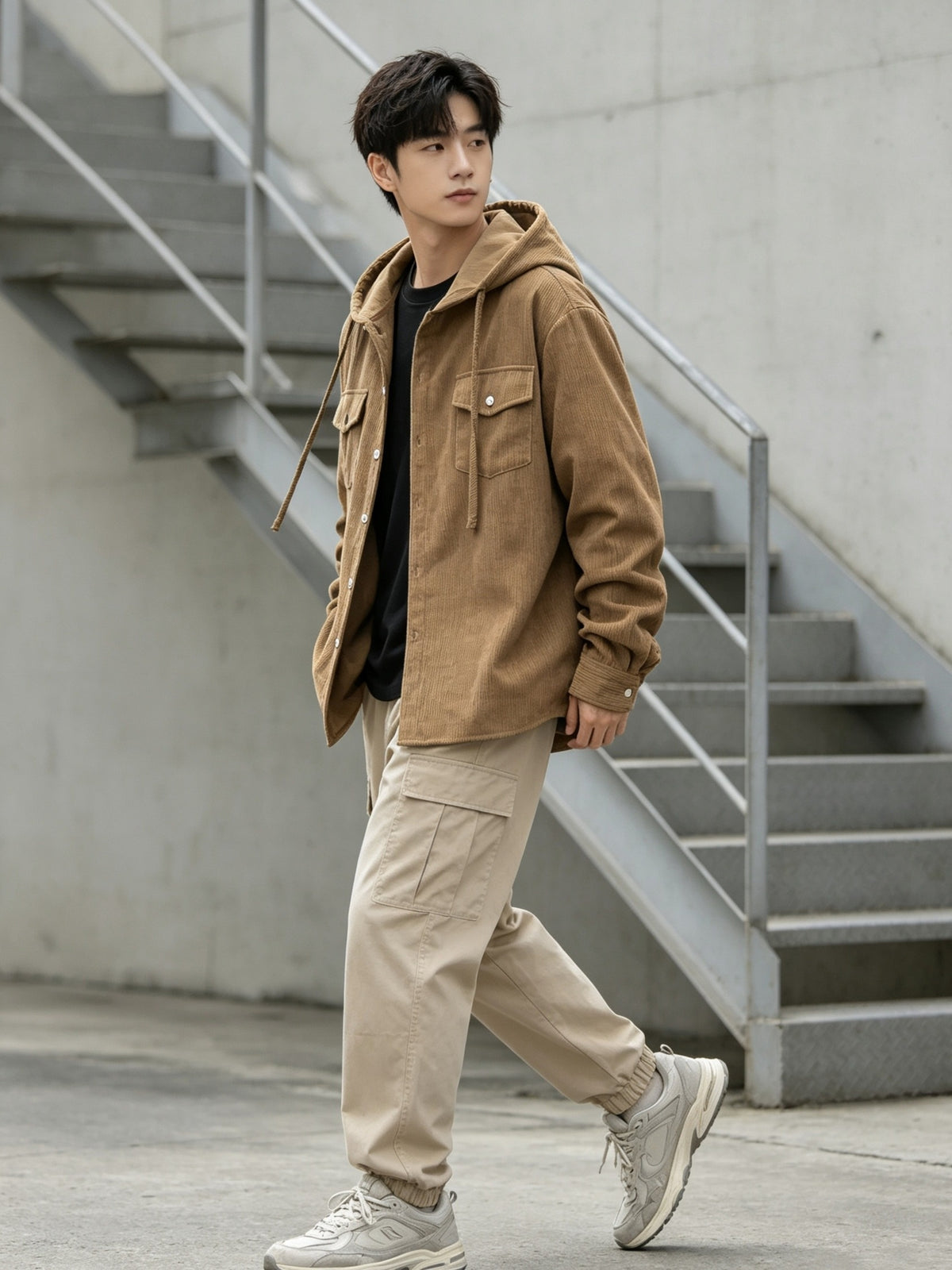 American Retro Hooded Corduroy Shirt Jacket for Men, Relaxed And Casual for Autumn, Workwear Jacket, Japanese Lazy Style, Versatile Trendy Brand Top - 【Light Yellow】