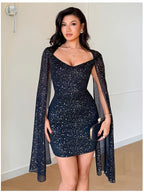 Elegant, Exquisite and Fashionable Women's Hip-hugging Mini Bridesmaid DressSquare Neck with Sheer Mesh Draped Cape SleevesSilvery-toned Slim Fit SilhouetteSuitable for Dating Parties, Nightclubs, Dances and Wedding Guest Wear - Black