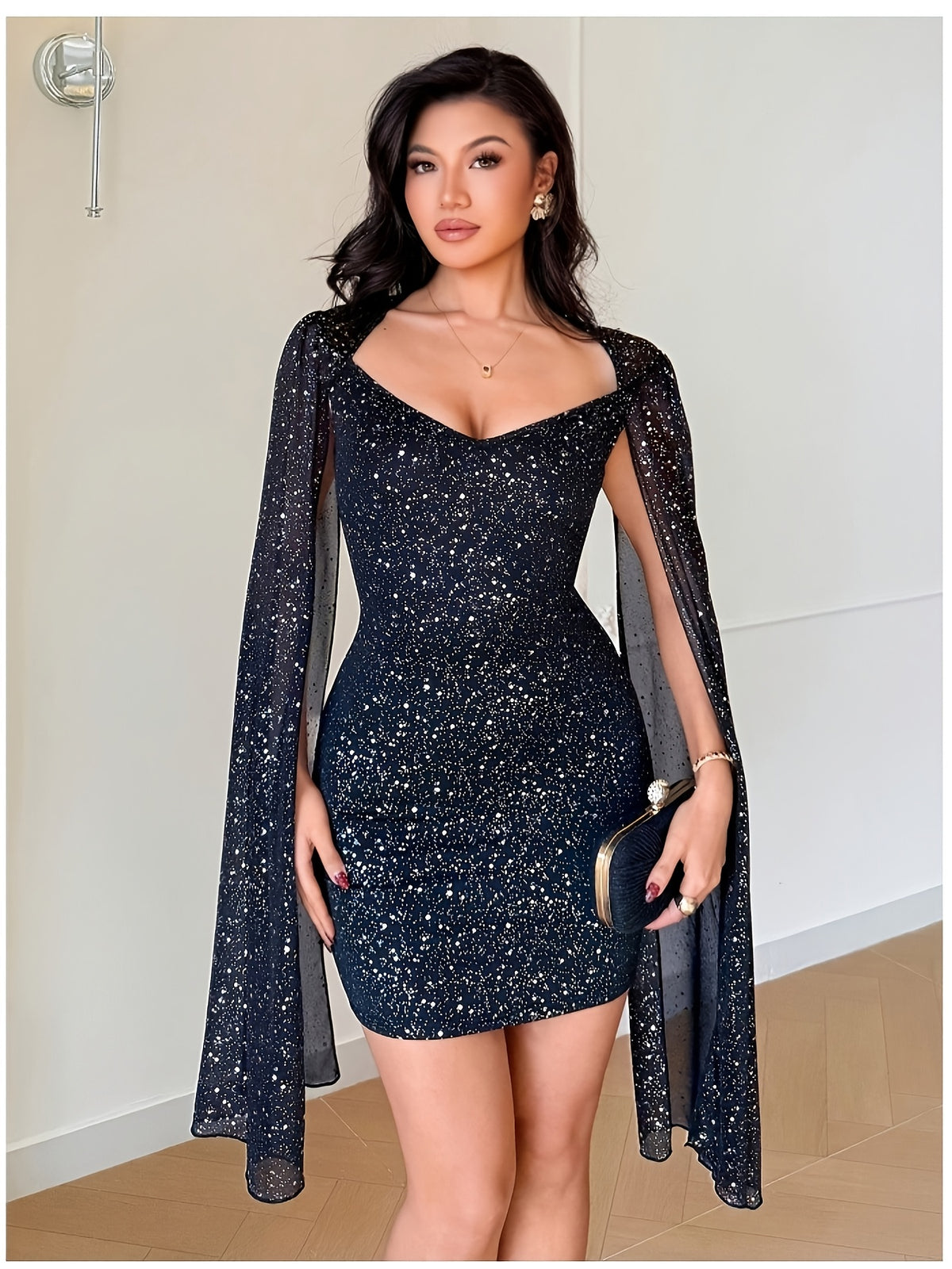 Elegant, Exquisite and Fashionable Women's Hip-hugging Mini Bridesmaid DressSquare Neck with Sheer Mesh Draped Cape SleevesSilvery-toned Slim Fit SilhouetteSuitable for Dating Parties, Nightclubs, Dances and Wedding Guest Wear - Black