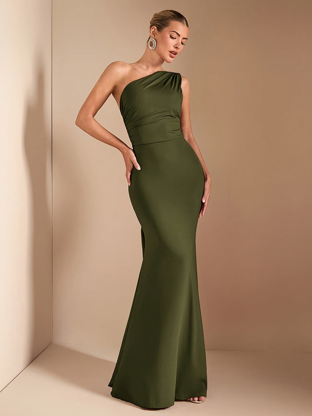 Spring/Summer New Elegant Women's Asymmetrical Neckline Off-Shoulder Long Sleeve Dress, Suitable for Casual, Dating, Club, Party, Christmas, Backless, Wedding Dress - fern green