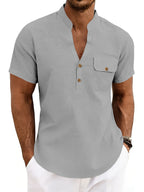 Men's Outdoor Travel Business Simple and Stylish Solid Color V-Neck Half-Open Placket Summer Breathable Comfortable Casual Short-Sleeve Henley Collar T-Shirt - Grey
