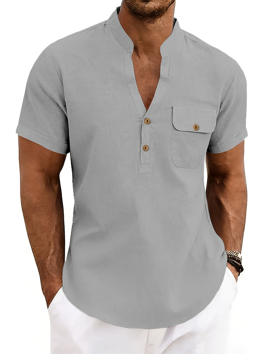Men's Outdoor Travel Business Simple and Stylish Solid Color V-Neck Half-Open Placket Summer Breathable Comfortable Casual Short-Sleeve Henley Collar T-Shirt - Grey