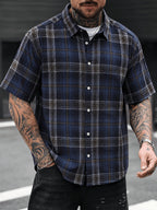 Men'S Plaid Flannel Front-Button Casual Short-Sleeve Shirt, Suitable for Dating Or As a Gift for Husband, Plaid Pattern, Suitable for Spring, Summer, Regular Fit, Button Design - Navy Color