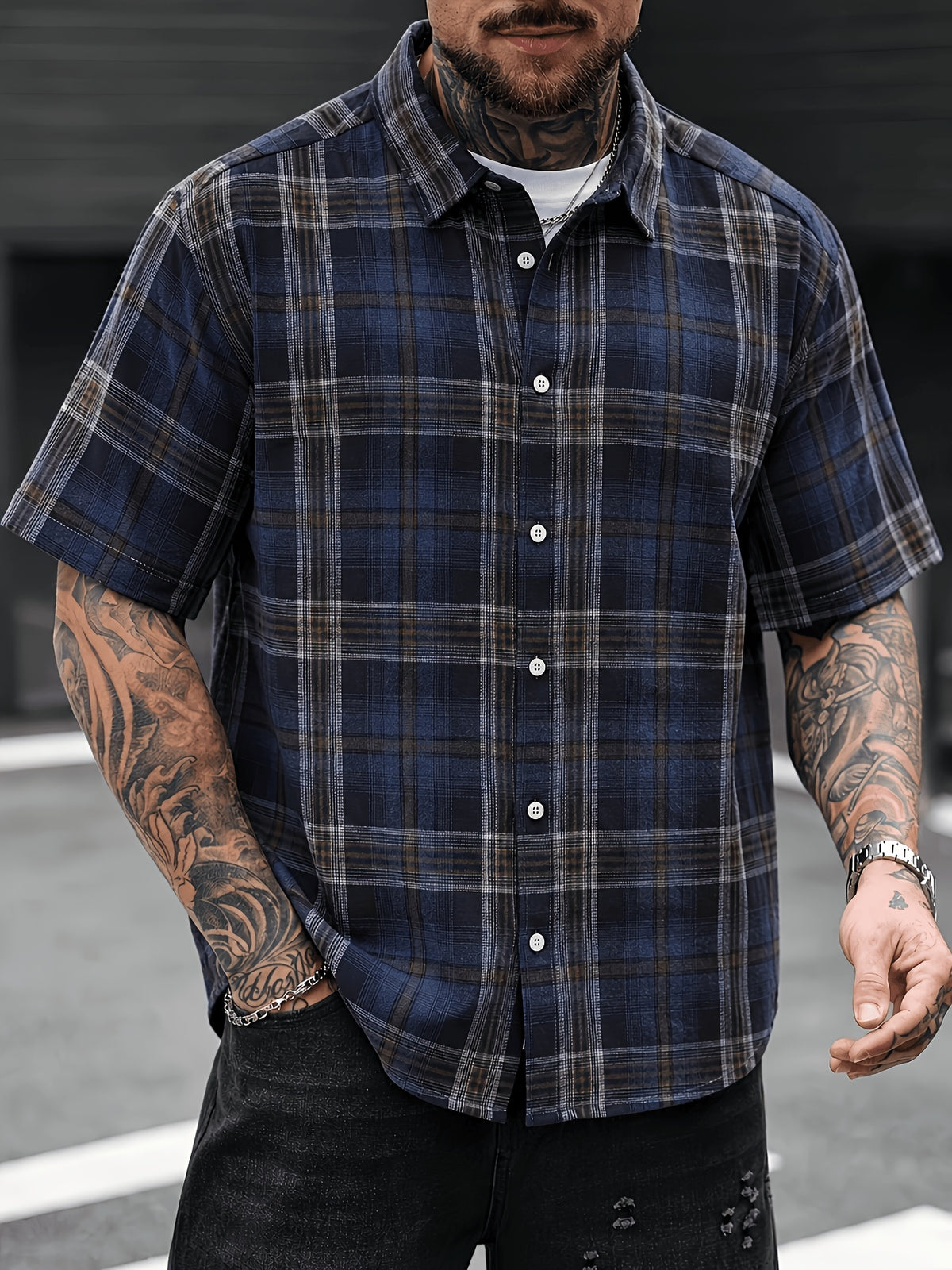 Men'S Plaid Flannel Front-Button Casual Short-Sleeve Shirt, Suitable for Dating Or As a Gift for Husband, Plaid Pattern, Suitable for Spring, Summer, Regular Fit, Button Design - Navy Color