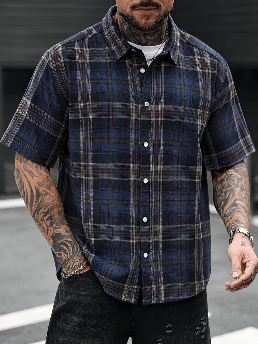 Men'S Plaid Flannel Front-Button Casual Short-Sleeve Shirt, Suitable for Dating Or As a Gift for Husband, Plaid Pattern, Suitable for Spring, Summer, Regular Fit, Button Design - Navy Color