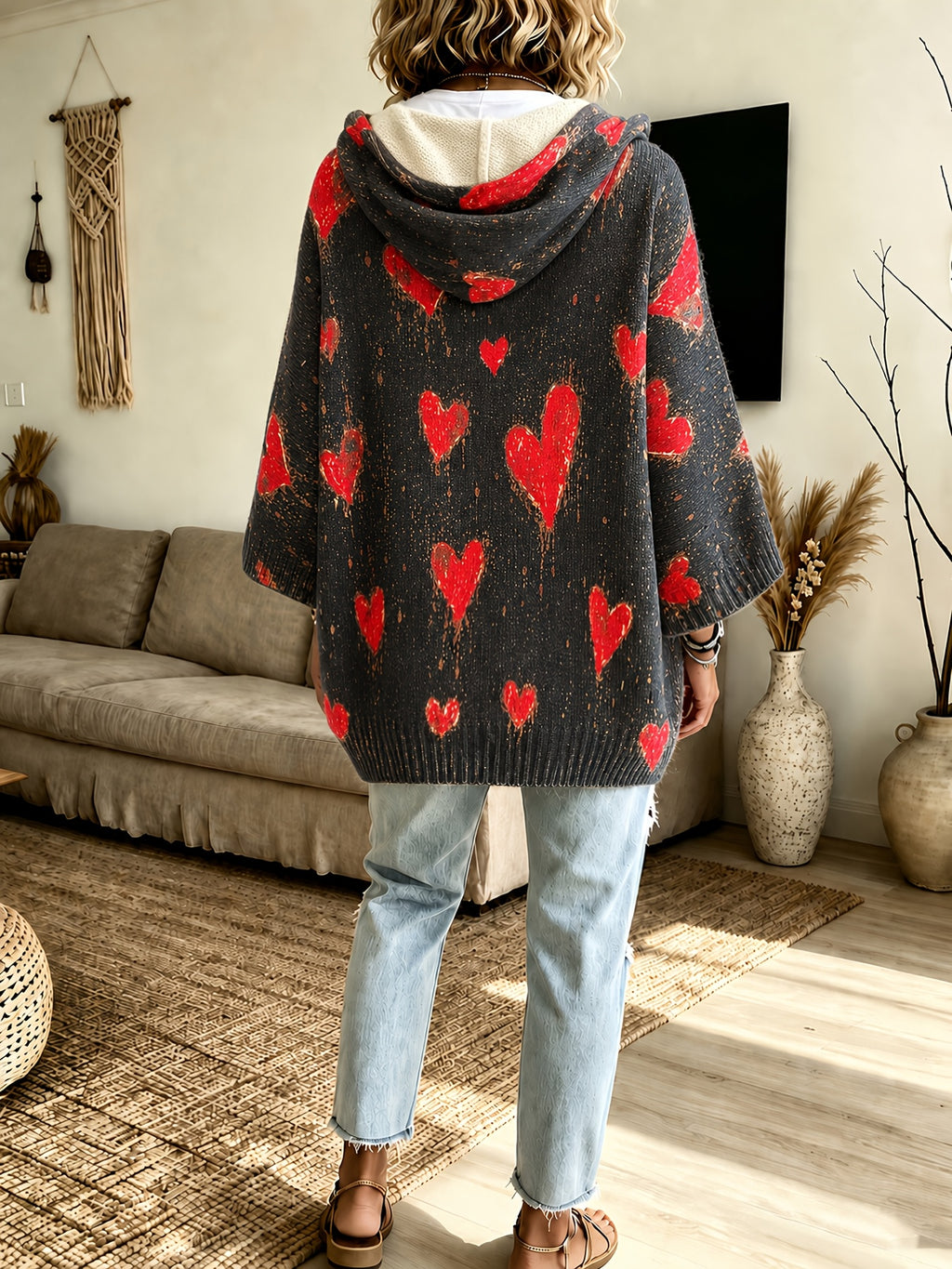 Plus Size, 2026 Women's Autumn/Winter Heart Print Hooded Three-Quarter Sleeve Cape Sweater Top with Drawstring, Lazy Style, Loose Fit,, Fashionable, Versatile, Casual, Commuting, Vacation, Plus Size Sweater Top for Women - Deep Grey