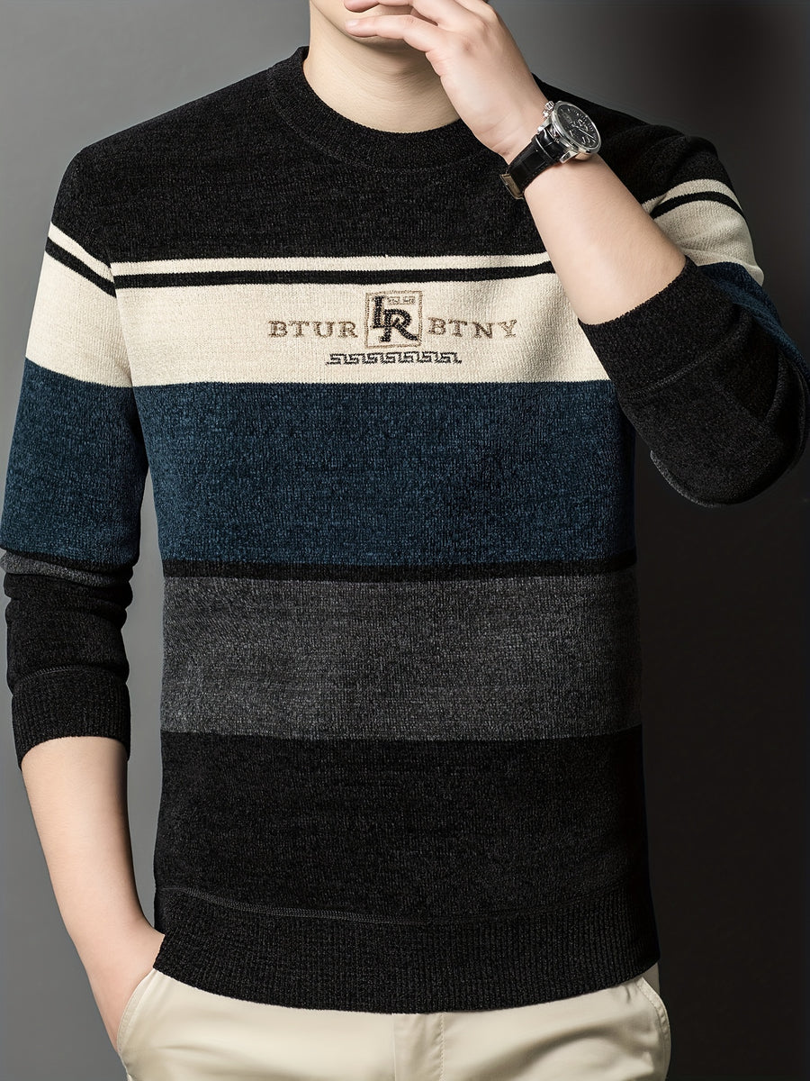 Men'S Winter Striped Crew Neck Sweater, Thickened, Casual Round Neck, Regular Fit, Long Sleeve, Knitted Pullover with Ribbed Hem And Cuffs, Fashionable Letter Pattern, Winter Warmth Top, Autumn Essentials - Sea Blue