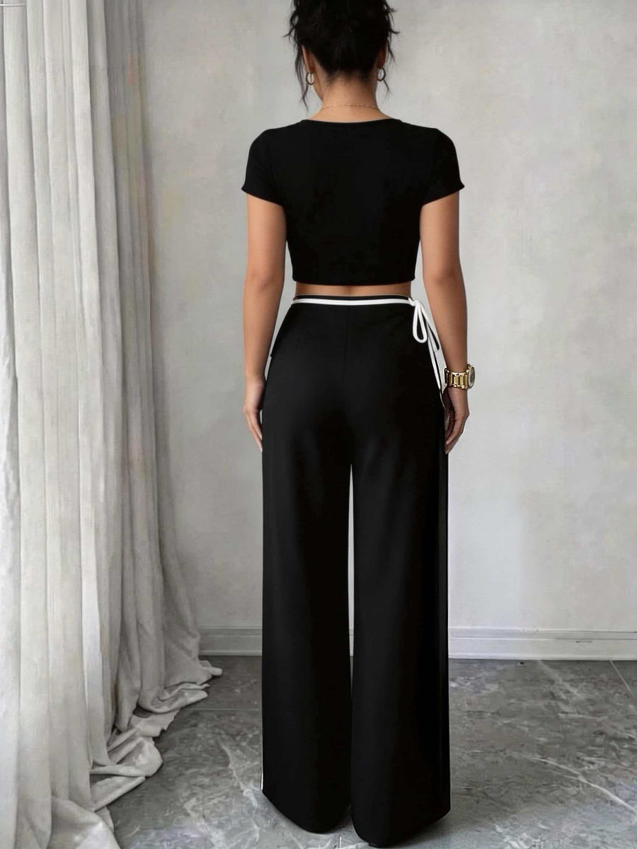 Black And White Contrast Premium Feel! Commuter Hot Favorite Design-Led Tie-Up Wide-Leg Pants - Black